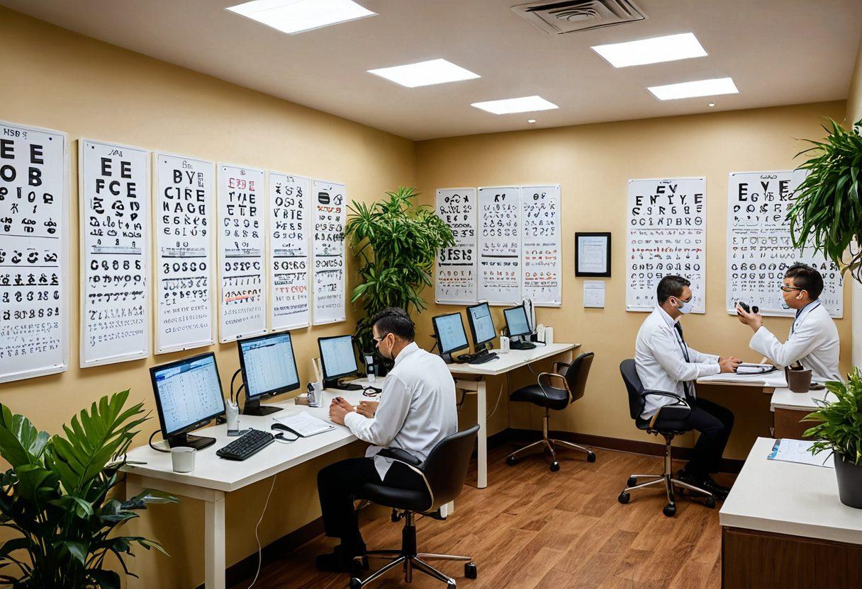 An illustrative scene of a cozy eye care clinic, featuring a diverse group of eye specialists examining patients with a variety of eye charts and tools, surrounded by vibrant posters showcasing eye health tips, potted plants for a welcoming ambiance, and modern equipment. super-realistic. vibrant colors. warm lighting.