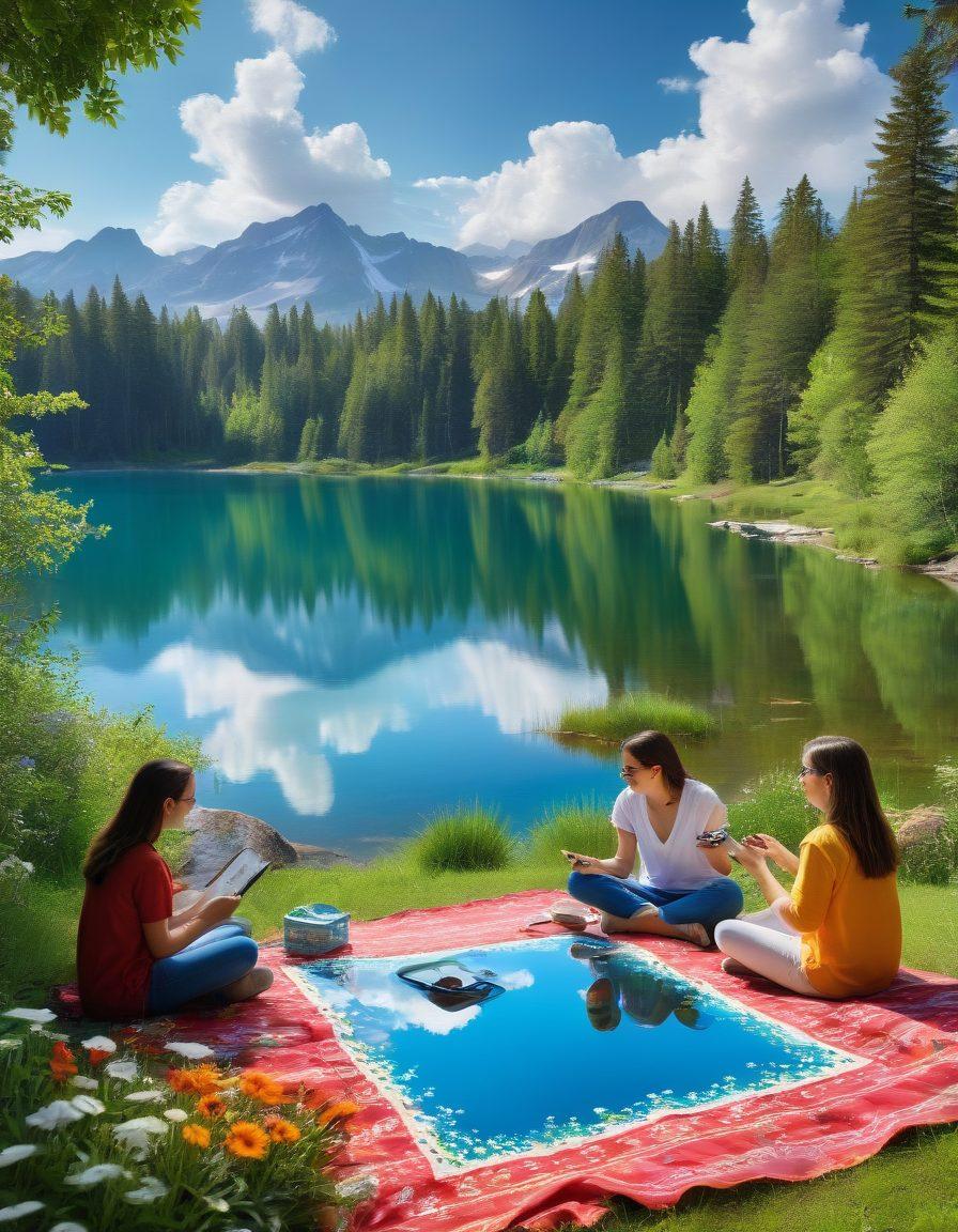 Create an engaging visual of a bright, serene landscape featuring a crystal-clear lake reflecting a vibrant blue sky. Include a diverse group of people engaged in various vision care activities, such as eye exams and using eyecare products. Surrounding the scene, showcase colorful flowers and lush greenery to symbolize clarity and wellness. Highlight the theme of eye health through elements like magnifying glasses and crystals. vibrant colors. super-realistic. natural setting.