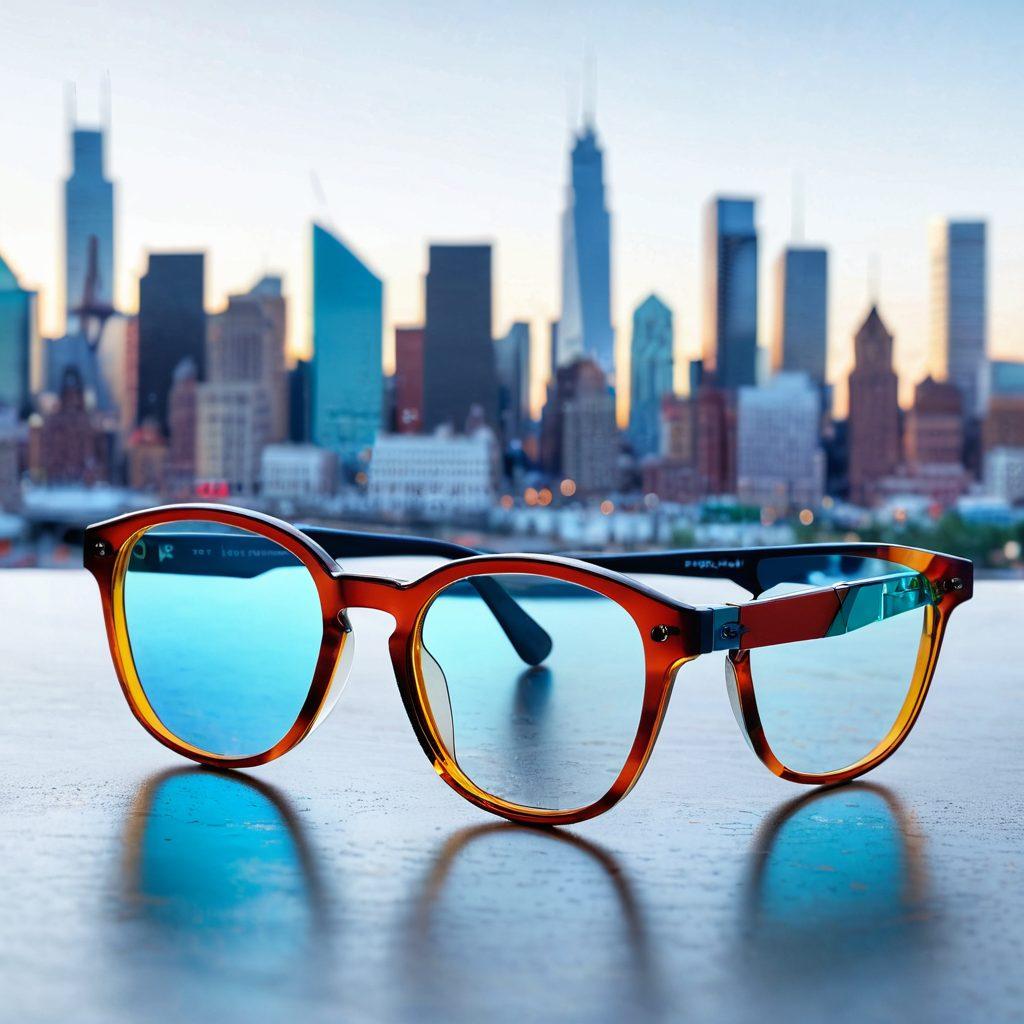 A pair of stylish, high-tech glasses reflecting a vibrant cityscape, with colorful geometric shapes symbolizing vision solutions hovering around. The background features hints of modern eyecare elements like eye charts and medical symbols, all blended into a sleek design. The overall atmosphere should exude innovation and fashion. super-realistic. vibrant colors. white background.
